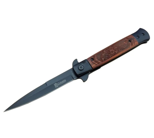 BFS Fs 902 Siyah Kamp Çakı 23cm- Yarı Otomatik, Ejderha Motifli Ahşap Sap, Kemerlikli BFS Fs 902 Siyah Kamp Çakı 23cm- Yarı Otomatik, Ejderha Motifli Ahşap Sap, Kemerlikli