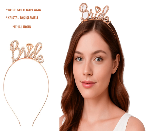BFS Rose Gold Renkli Taşlı “bride” Gelin Tacı – El Yazısı Yazı Tipiyle