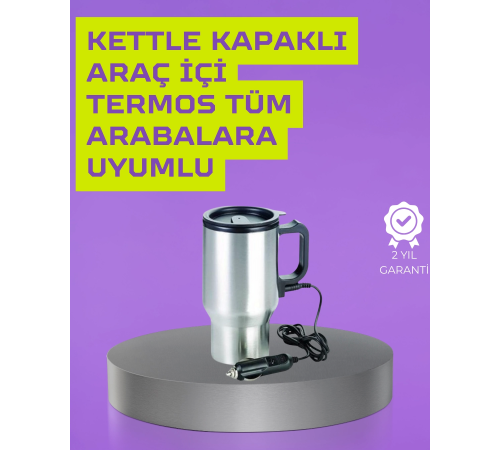 Çelik Gövdeli Araç İçi Isıtıcı Termos Bardak 450 ml Kapasiteli