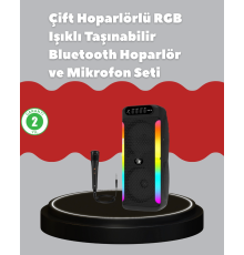 Çift 4 inç Hoparlörlü RGB Işıklı Bluetooth Ses Sistemi