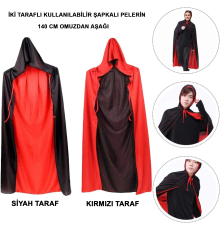 Çift Taraflı Kullanılabilir Siyah Kırmızı Kapişonlu Pelerin 140 Cm Yetişkin