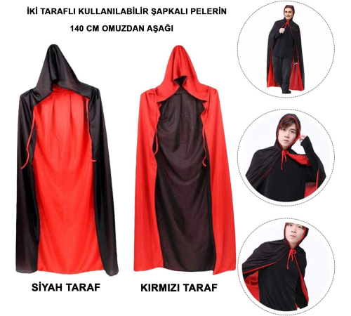 Çift Taraflı Kullanılabilir Siyah Kırmızı Kapişonlu Pelerin 140 Cm Yetişkin Çift Taraflı Kullanılabilir Siyah Kırmızı Kapişonlu Pelerin 140 Cm Yetişkin