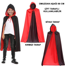 Çift Taraflı Kullanılabilir Siyah Kırmızı Yakalı Pelerin 90 Cm Çocuk