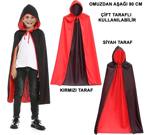 Çift Taraflı Kullanılabilir Siyah Kırmızı Yakalı Pelerin 90 Cm Çocuk Çift Taraflı Kullanılabilir Siyah Kırmızı Yakalı Pelerin 90 Cm Çocuk