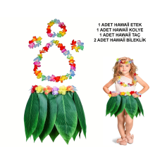 Çocuk Hawaii Kostüm Seti - Yaprak Etek  Hawaii Set - 5 Parça