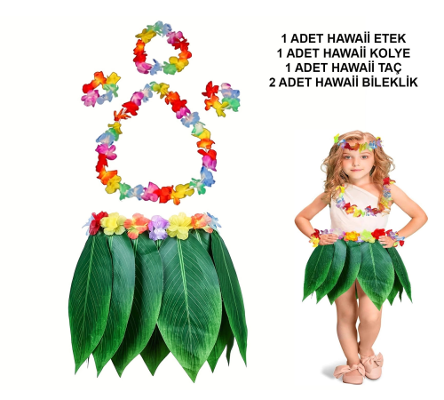 Çocuk Hawaii Kostüm Seti - Yaprak Etek Hawaii Set - 5 Parça Çocuk Hawaii Kostüm Seti - Yaprak Etek Hawaii Set - 5 Parça