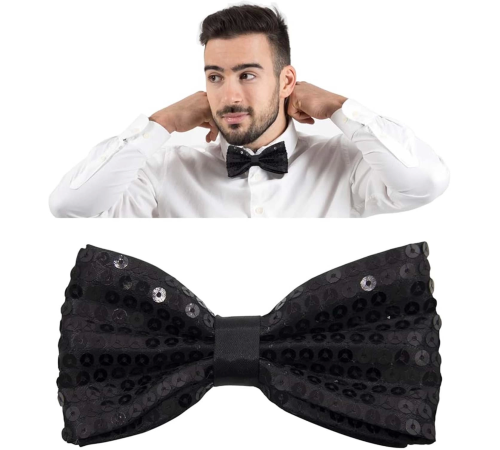 Gece Işıltısı Siyah Payetli Pullu Papyon 7x2 Cm