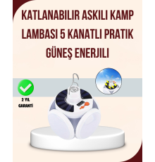 Güneş Paneliyle Şarj Olan Katlanabilir LED Çadır Lambası – 5 Kademeli Aydınlatma
