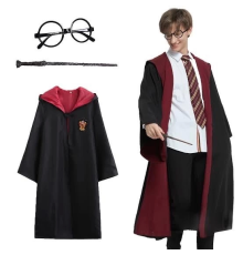 Harry Potter Gryffindor Kapişonlu Çocuk Kostüm + Asa + Gözlük Seti 7-8 Yaş