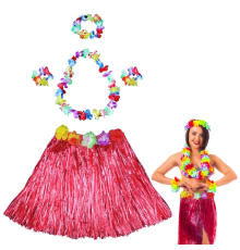 Hawaii Dans Kostümü – Kırmızı Hula Etek  Çiçek Kolye Seti