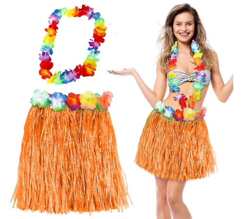 Hawaii Luau Aloha Turuncu Püsküllü 40 Cm Etek Ve Hawaii Kolye Seti