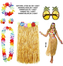 Hawaii Parti Kostüm Seti - 60 Cm Hasır Etek, Çiçekli Aksesuarlar Ve Ananas Gözlük