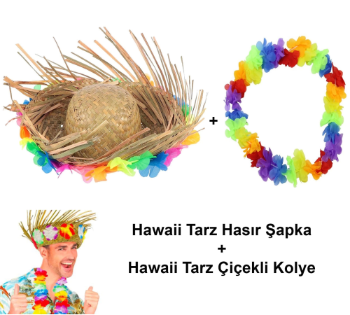 Hawaii Tarzı Tropikal Çiçekli Hasır Şapka Ve Çiçekli Hawaii Kolye Hawaii Tarzı Tropikal Çiçekli Hasır Şapka Ve Çiçekli Hawaii Kolye