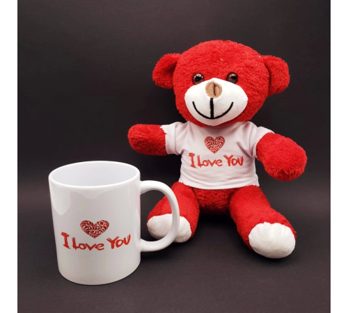 I Love You Baskılı Kupa Ve Kırmızı Ayıcık Seti
