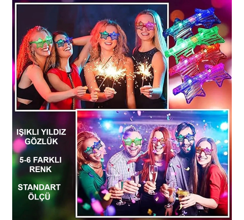 Işıklı Yıldız Gözlük Ledli Parti Gözlüğü 6 Renk 12 Adet Işıklı Yıldız Gözlük Ledli Parti Gözlüğü 6 Renk 12 Adet