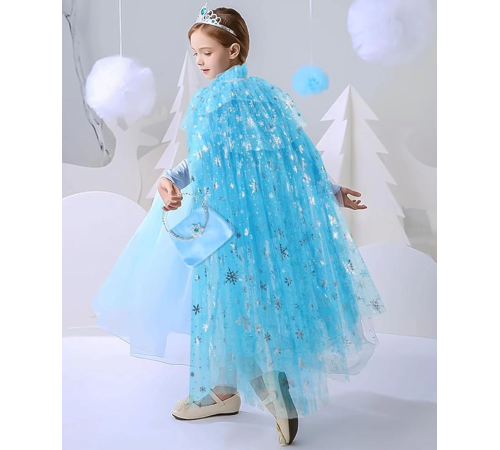 Karlar Ülkesi Elsa Frozen Mavi Pelerin – 80 Cm Kar Desenli Çocuk Pelerini ( Taç Hariç )
