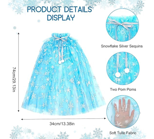 Karlar Ülkesi Elsa Frozen Mavi Pelerin – 80 Cm Kar Desenli Çocuk Pelerini ( Taç Hariç )