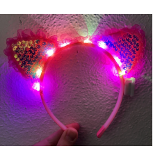 Kenarları Dantelli Fuşya Pullu Payetli Led Işıklı Kedi Kulak Taç 17x19 Cm