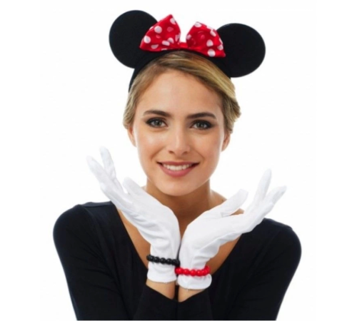 Kırmızı Fiyonklu Minnie Mouse Tacı Ve Beyaz Eldiven Seti