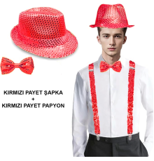 Kırmızı Payetli Şapka Ve Papyon Seti – Parıltılı Yetişkin Kostüm Seti