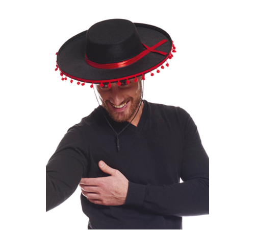 Kırmızı Ponponlu Siyah Renk Yetişkin İspanyol Şapkası