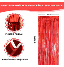 Kırmızı Renk Ekstra Metalize Parlak Saçaklı Arka Fon Perde İthal A Kalite 1x2 Metre