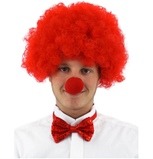 Kırmızı Renk Kıvırcık Afro Bonus Peruk Takma Saç Ve Kırmızı Burun Seti