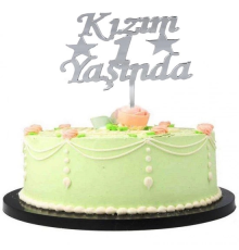 Kızım 1 Yaşında İlk Yaş Doğum Günü Partisi Pleksi Pasta Süsü Gümüş Renk
