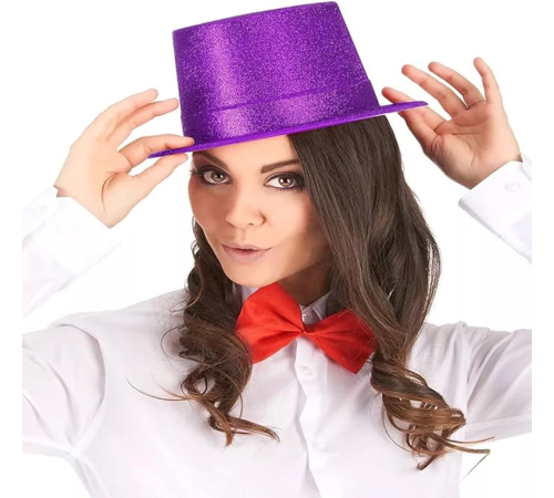Koyu Mor Renk Violet Parıltılı Simli Fötr Silindir Parti Şapkası