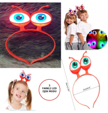 Led Işıklı  Pilli 3 Farklı Modda Yanan Uzaylı Göz Parti Tacı Kırmızı Renk 18x12 Cm