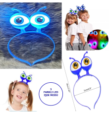 Led Işıklı  Pilli 3 Farklı Modda Yanan Uzaylı Göz Parti Tacı Mavi Renk 18x12 Cm