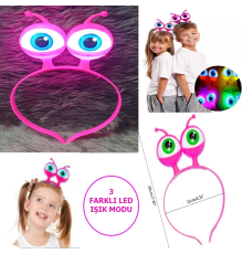 Led Işıklı  Pilli 3 Farklı Modda Yanan Uzaylı Göz Parti Tacı Pembe Renk 18x12 Cm