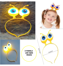 Led Işıklı  Pilli 3 Farklı Modda Yanan Uzaylı Göz Parti Tacı Sarı Renk 18x12 Cm