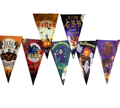 Lüks Baskılı Üçgen Model Halloween Banner Süs Bayrak 8 Li