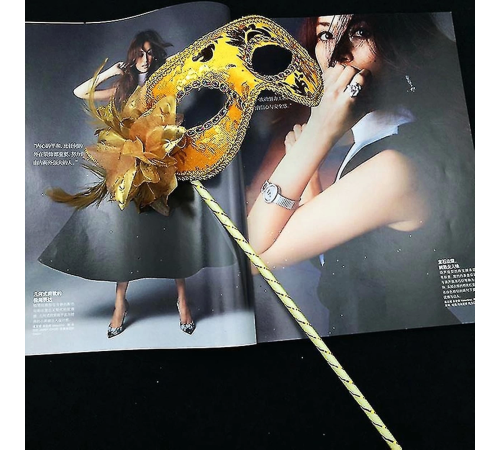 Lüks Taşlı Saplı Maskeli Balo Maskesi Altın Renk 35 Cm