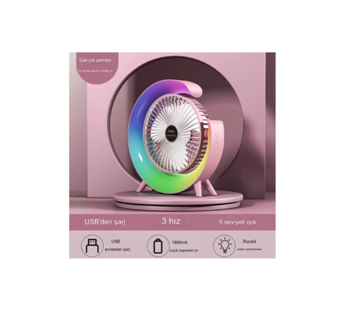 Masaüstü Vantilatör Usb Şarjlı Rgb Led Işıklı 3 Kademeli 180° Ayarlanabilir Soğutucu Fan Pembe Masaüstü Vantilatör Usb Şarjlı Rgb Led Işıklı 3 Kademeli 180° Ayarlanabilir Soğutucu Fan Pembe