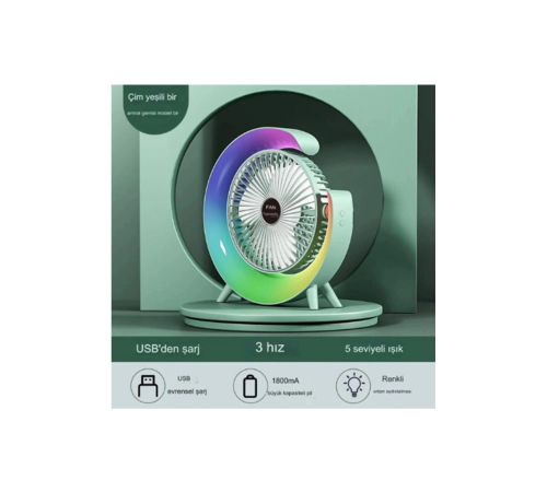 Masaüstü Vantilatör Usb Şarjlı Rgb Led Işıklı 3 Kademeli 180° Ayarlanabilir Soğutucu Fan Yeşil Masaüstü Vantilatör Usb Şarjlı Rgb Led Işıklı 3 Kademeli 180° Ayarlanabilir Soğutucu Fan Yeşil