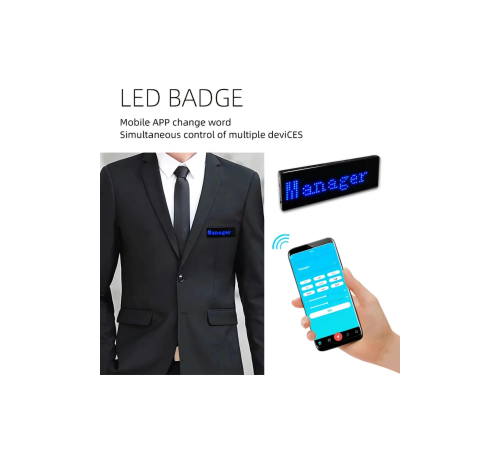 Matrix Kayan Led Yaka Rozeti Mobil Kontrollü Dijital Etiket 9×3cm