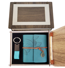Özel Ahşap Kutulu Mavi Deri Defter Ve Anahtarlık Set