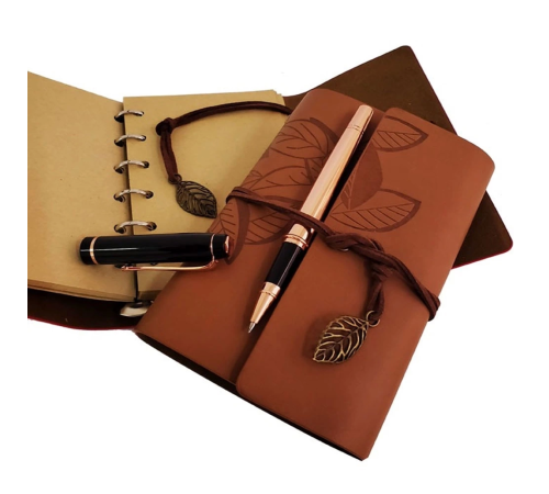 Özel Ahşap Kutulu Taba Deri Defter Ve Bakır Roller Kalem Set
