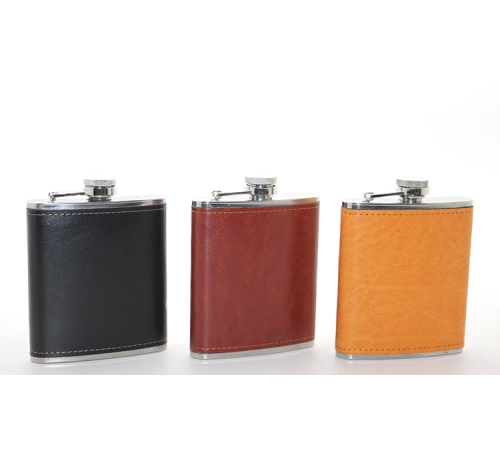 Paslanmaz Çelik Tekli 7 Oz Derili Matara  Alk2660