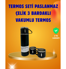 Paslanmaz Termos ve İkili Bardak Seti | 6-12 Saat Sıcak/Soğuk Tutma