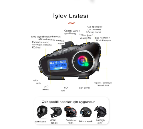 Q58-max Radyolu 2 Kişi Bağlantılı Bluetooth Kask Kulaklık Ekranlı Fenerli Müzik Ve Telsiz Intercom Q58-max Radyolu 2 Kişi Bağlantılı Bluetooth Kask Kulaklık Ekranlı Fenerli Müzik Ve Telsiz Intercom