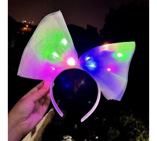 Rengarenk Led Işıklı Fiyonk Şekilli Tül Parti Tacı Beyaz Renk 25x25 Cm