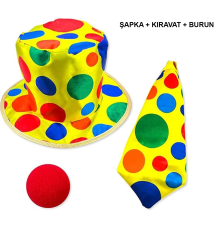 Renkli Palyaço Kostüm Seti – 3 Parça Aksesuar (şapka, Kravat, Burun)