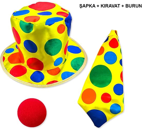 Renkli Palyaço Kostüm Seti – 3 Parça Aksesuar (şapka, Kravat, Burun)