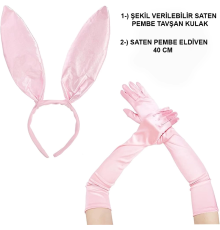 Saten Kaplama Soft Pembe Eldiven 40 Cm Ve Tavşan Kulak 2 Li Set