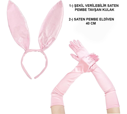 Saten Kaplama Soft Pembe Eldiven 40 Cm Ve Tavşan Kulak 2 Li Set Saten Kaplama Soft Pembe Eldiven 40 Cm Ve Tavşan Kulak 2 Li Set