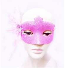 Sim İşlemeli İnci Boncuk Detaylı Tüylü Balo Maskesi Pembe Renk 13x18 Cm