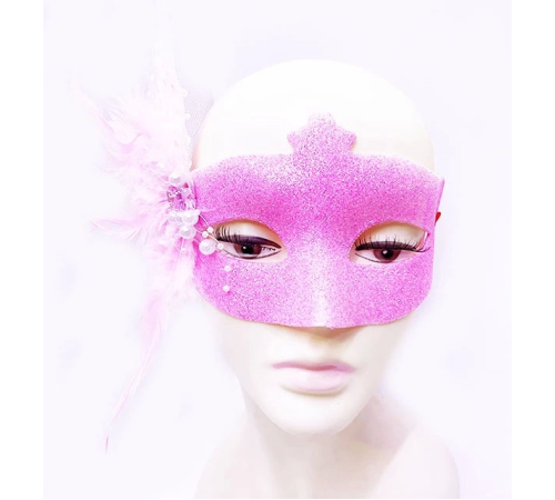 Sim İşlemeli İnci Boncuk Detaylı Tüylü Balo Maskesi Pembe Renk 13x18 Cm